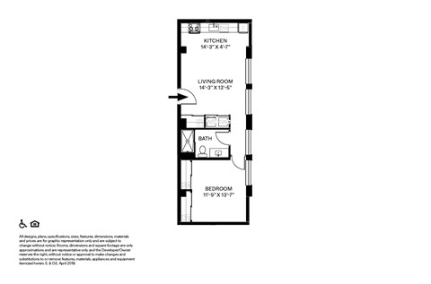 Floor plan for 1 bed, 1 bath, 628 sqft